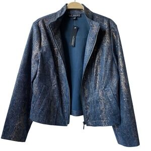 Linear Y2K Snakeskin Crop Jacket Women PM Metallic Blue Gray Edgy Crackled Glam